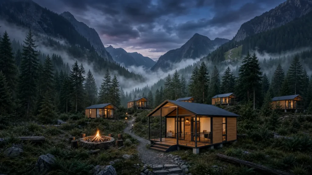 A collection of modern wooden expandable container cabins nestled in a misty mountain forest at dusk, featuring warm interior lighting and a stone campfire.