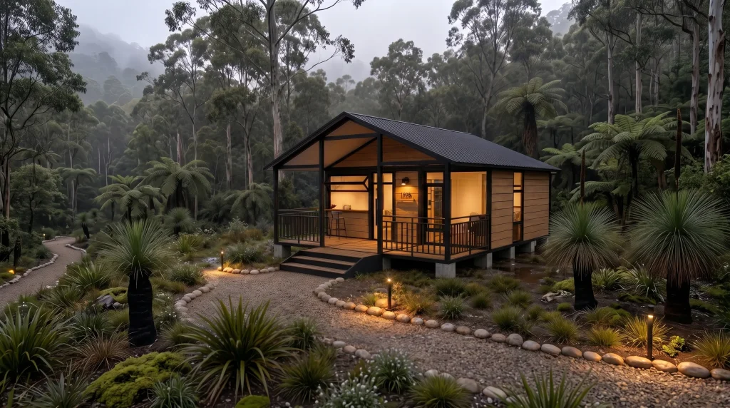A modern expandable container cabin with wood siding and a black metal roof, glowing warmly in a lush, misty forest at dusk.
