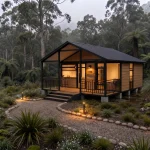 A modern expandable container cabin with wood siding and a black metal roof, glowing warmly in a lush, misty forest at dusk.