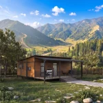 A wood-paneled expandable container home with a front porch, set in a sunny backyard with mountain views.