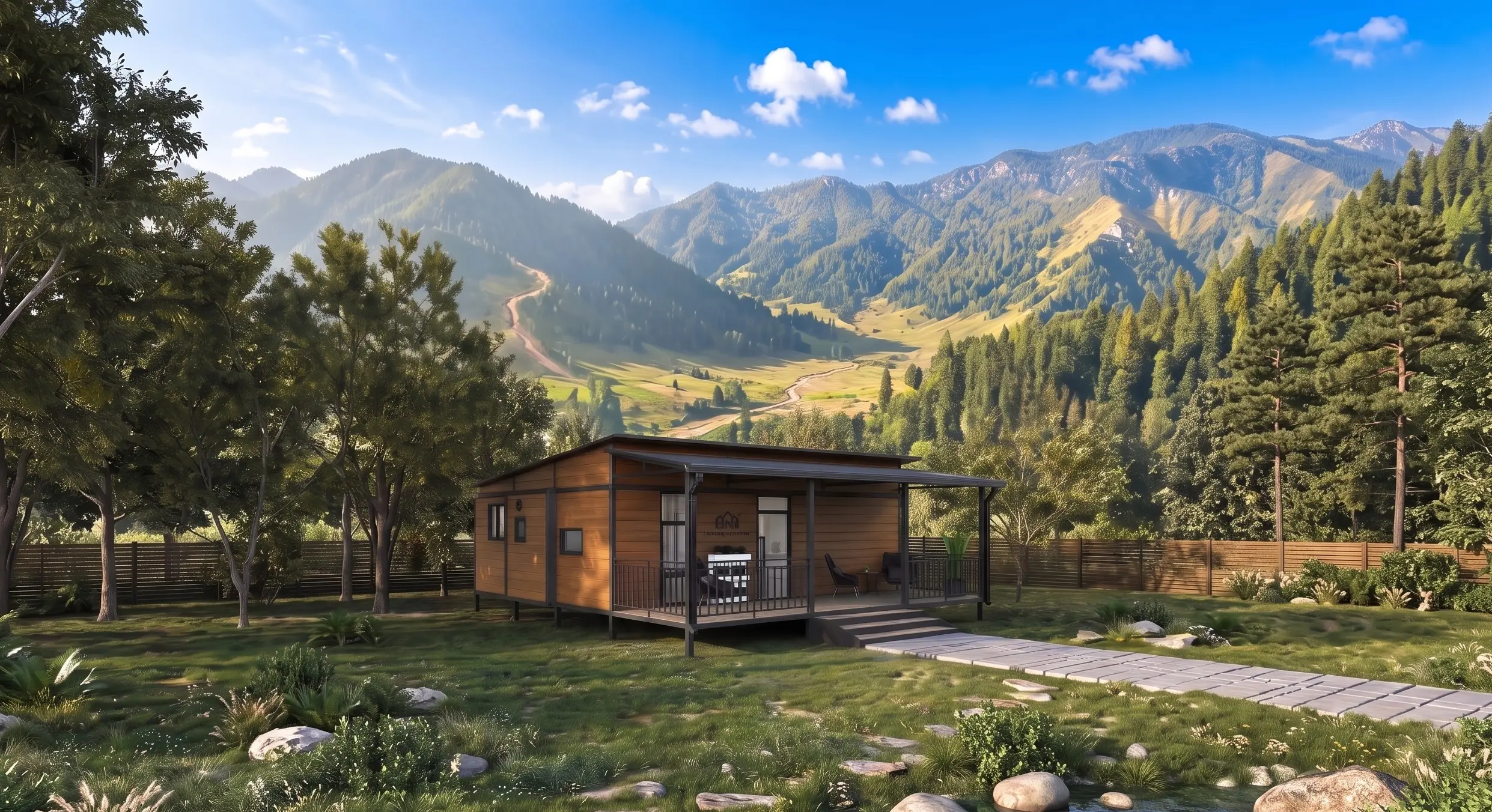 A wood-paneled expandable container home with a front porch, set in a sunny backyard with mountain views.