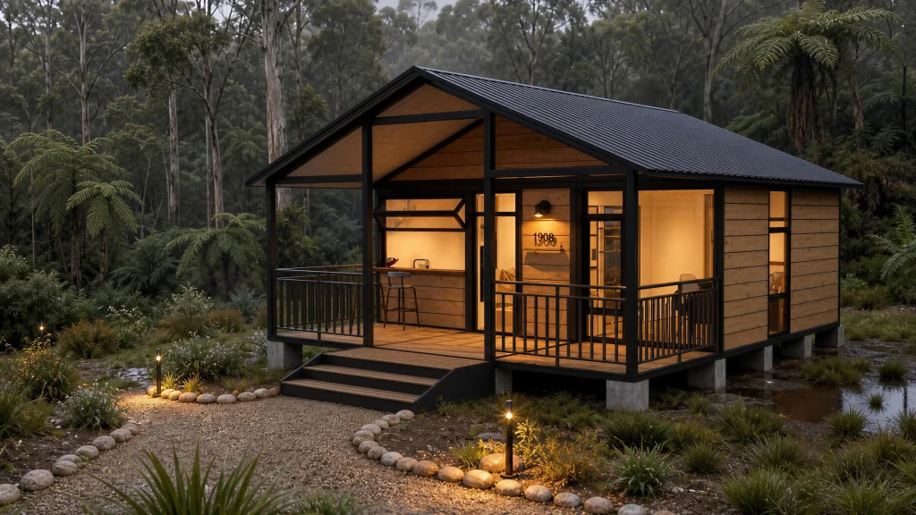 A modern expandable container cabin with wood siding and a black metal roof, glowing warmly in a lush, misty forest at dusk.