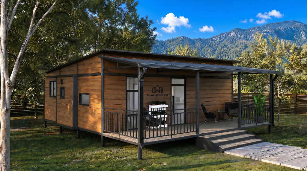 A wood-paneled expandable container home with a front porch, set in a sunny backyard with mountain views.