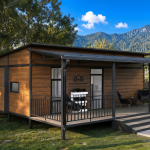 A wood-paneled expandable container home with a front porch, set in a sunny backyard with mountain views.