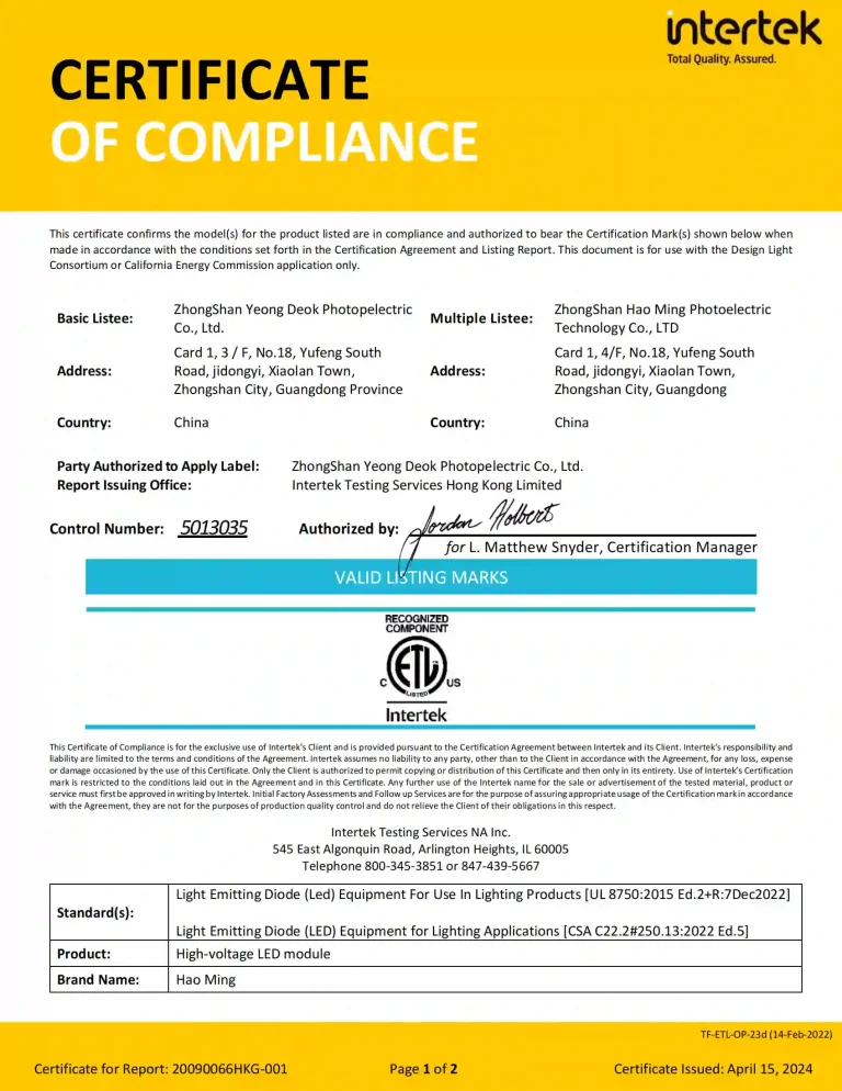 Certificate of Compliance -ZhongShan Hao Ming PhotoelectricT_01